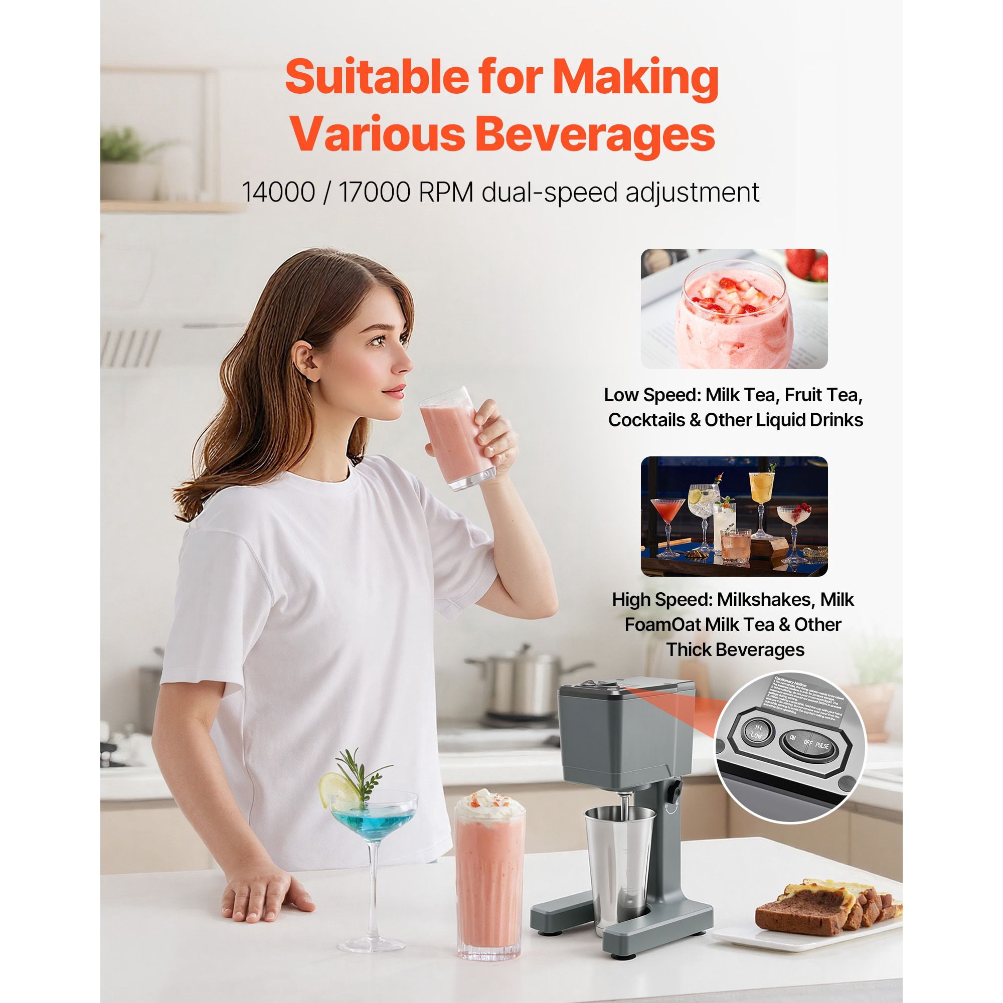 150W Milkshake Maker with Dual Speed, Stainless Steel Stirring Rod, Adjustable Mixing Head, for Home Kitchen Bar Beverage Shop