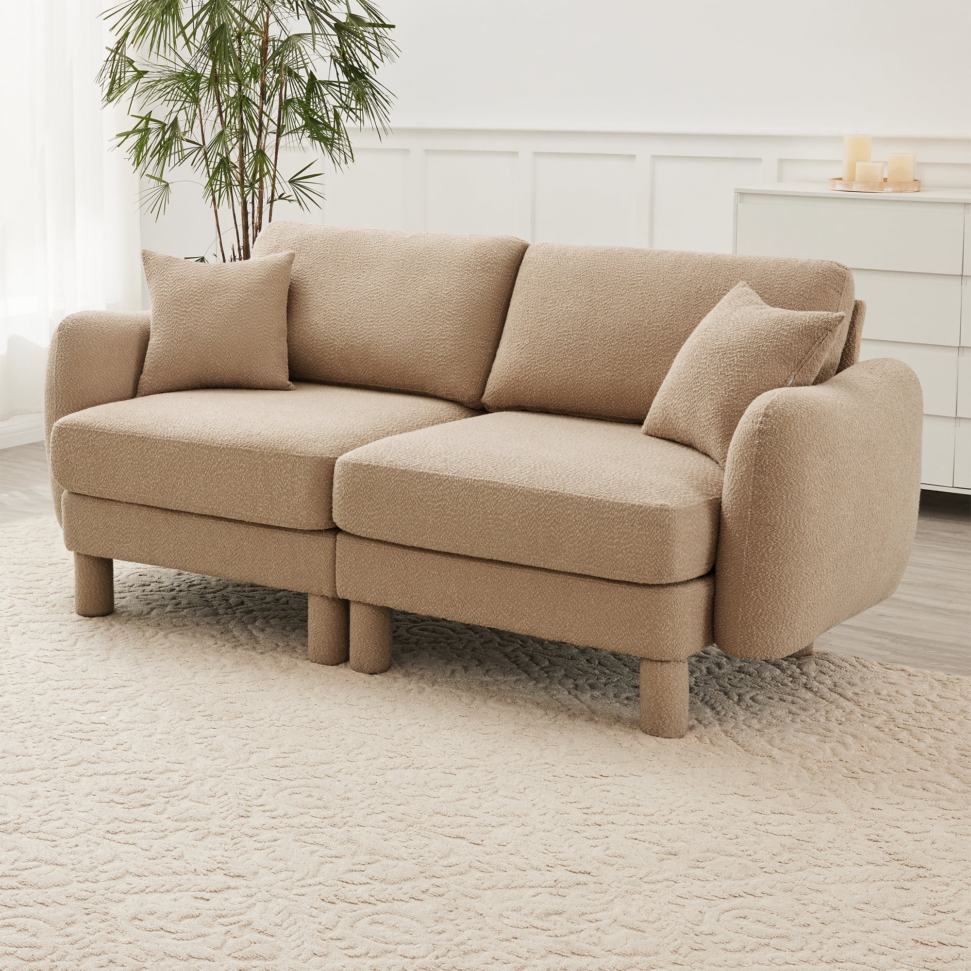 Gewnee Coffee 2-Seater Boucle Loveseat with Shell Armrests & Fabric-Wrapped Cylindrical Legs - Ideal for Bedroom Reading Nook, Home Office Lounge
