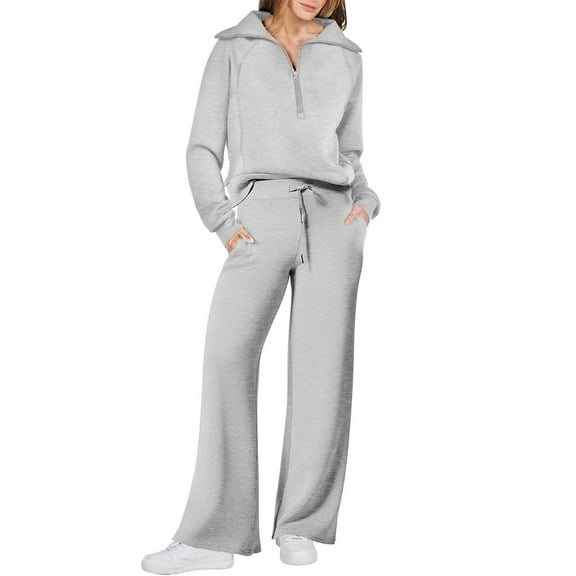 Sweat Suits for Womens 2 Piece Half Zip Pullover Wide Leg Sweatpants Set Airport Outfits Loungewear Matching Sets Gray M