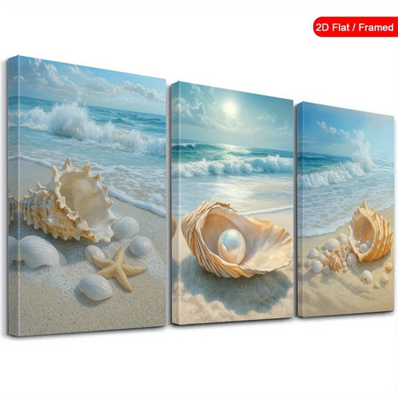 3pcs Canvas Wall Art for Living Room, Ocean Beach Seashell and Pearl Picture, Coastal Nautical Starfish 3 Panel Artwork, Framed Wall Decor for Bedroom Bathroom
