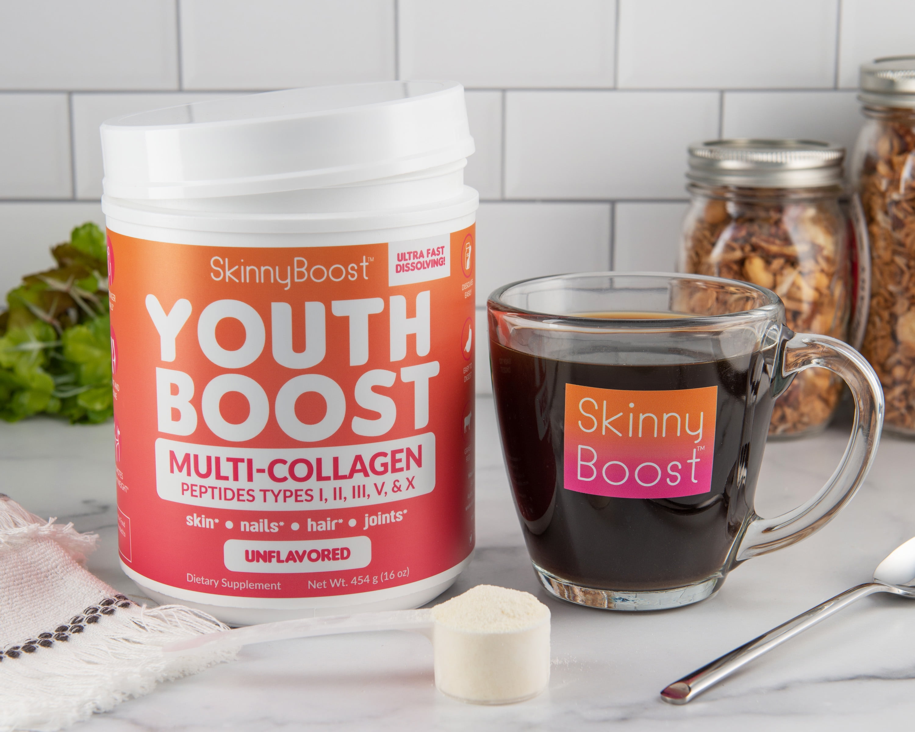 SkinnyBoost Youth Boost Advanced Multi-Collagen Powder - 5 Types of Hydrolyzed Collagen Peptides for Hair, Skin, Nails & Joints. Fast Dissolving, Grass Fed, Keto Friendly - Unflavored(58 Servings)