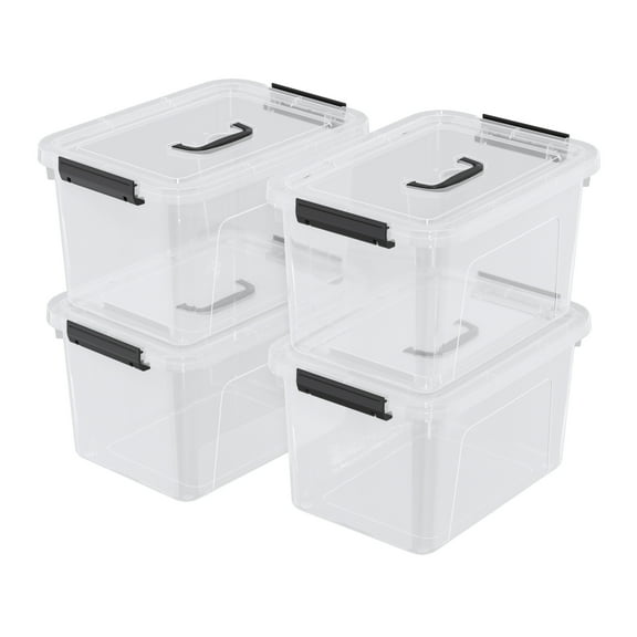 Wekioger 10 Liter Plastic Lidded Storage Bins, Clear Latching Box with Handle, Set of 4