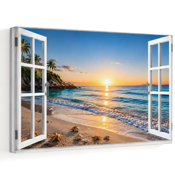 Summer Beach Canvas Wall Art, Tropical Coastal Outside Window Ocean View Shell Wall Art Prints Artwork Framed Canvas Ready to Hang Art Pictures for Bathroom Bedroom Entry Desk Corner 10" x 8"