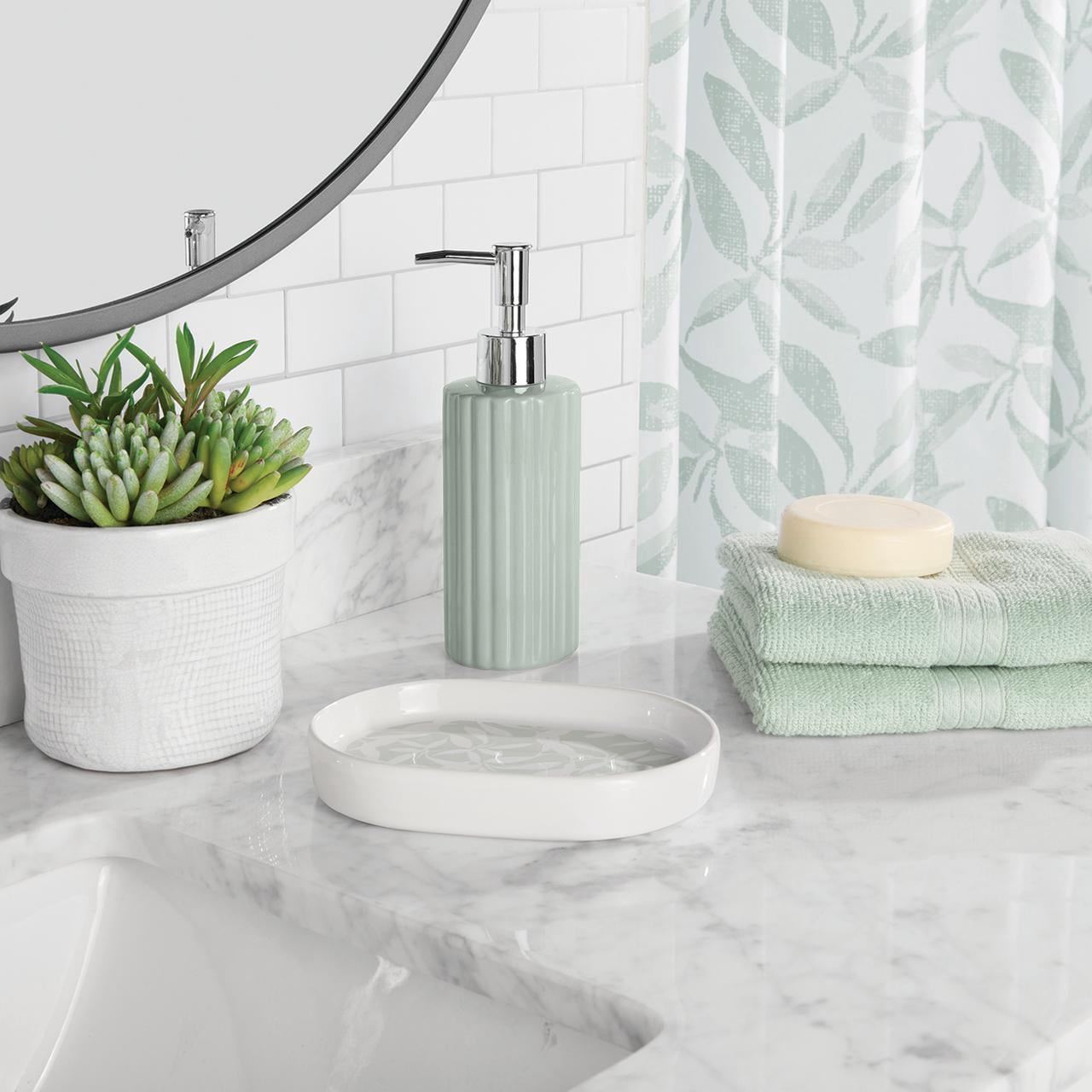 Mainstays 16-Piece Green Leaf Shower Curtain Bathroom Set - Fabric Curtain with Rug, Hooks, Soap Dispenser & Tray