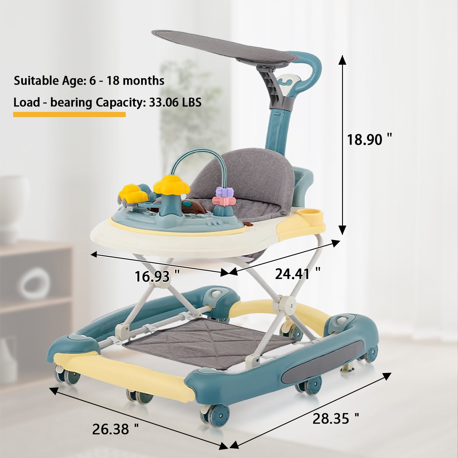 OUYI Foldable Baby Walker for Newborn & Toddler Safe - Sunshade, Foldable for Portability, Green