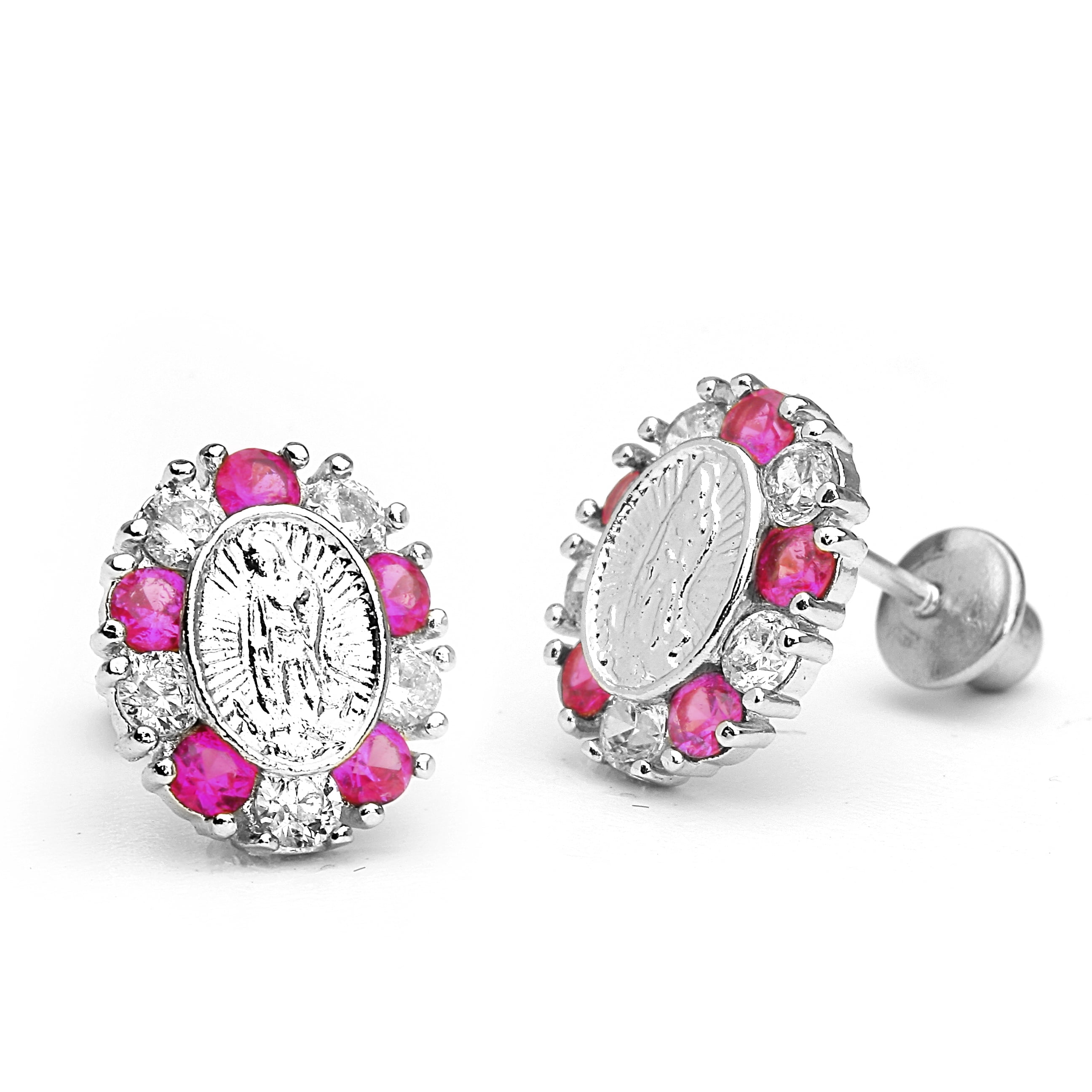 Sterling Silver Rhodium Plated Guadalupe Cubic Zirconia Screwback Baby Girls Earrings