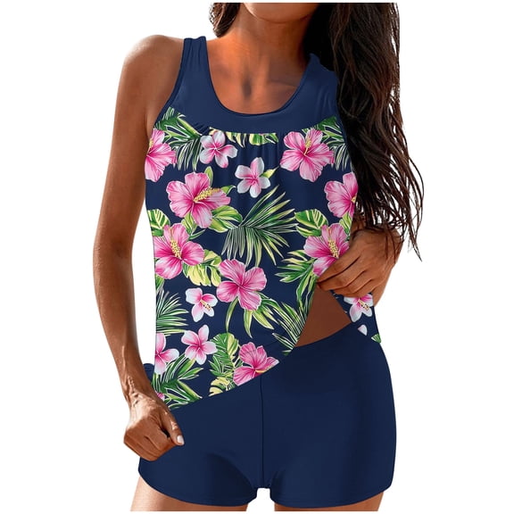 Erwazi Womens Modest Swimsuit Set Printed Crew Neck Tankini Top Tummy Control Boyshort with Padded