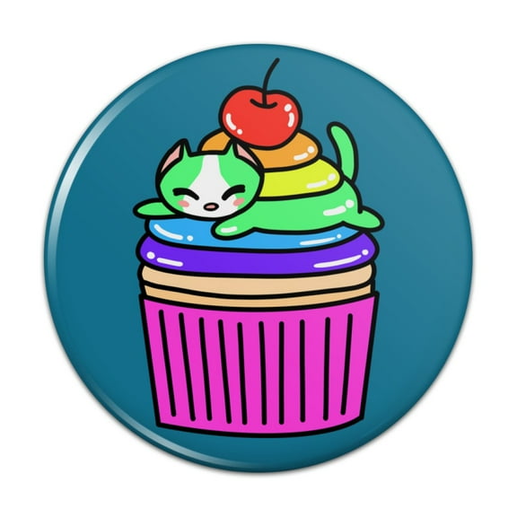 Cute Kawaii Lazy Cat in Rainbow Cupcake Pinback Button Pin