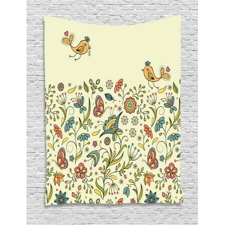Butterfly Meadow Leaf - Flowers Tapestry, Flourishing Spring Meadow Ornate Artistic Nature Romantic Birds Butterflies Leaves, Wall Hanging for Bedroom Living Room Dorm Decor, 40W X 60L Inches, Multicolor, by Ambesonne