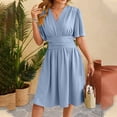 thumbnail image 5 of HJYCHN Elegant Women's Casual V-Neck Flared Sleeves Solid Color Dress with Waist for Everyday Style Blue S, 5 of 8