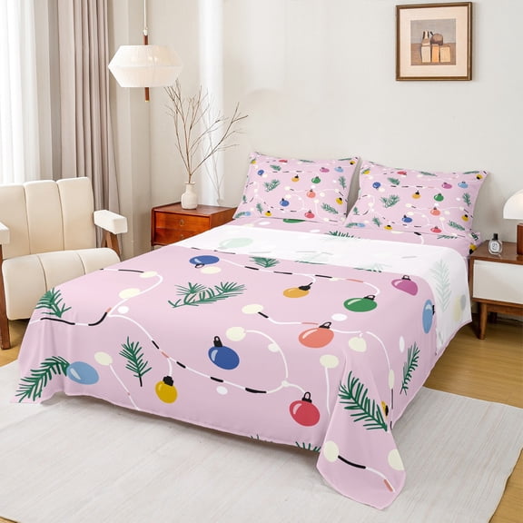 Feelyou Cartoon Lights Teens Full Size Sheets, Stripes Line Geometric Bed Sheets, Leaf Plant Botanical Sheet Sets, Lightweight Room Decor, 4-Piece