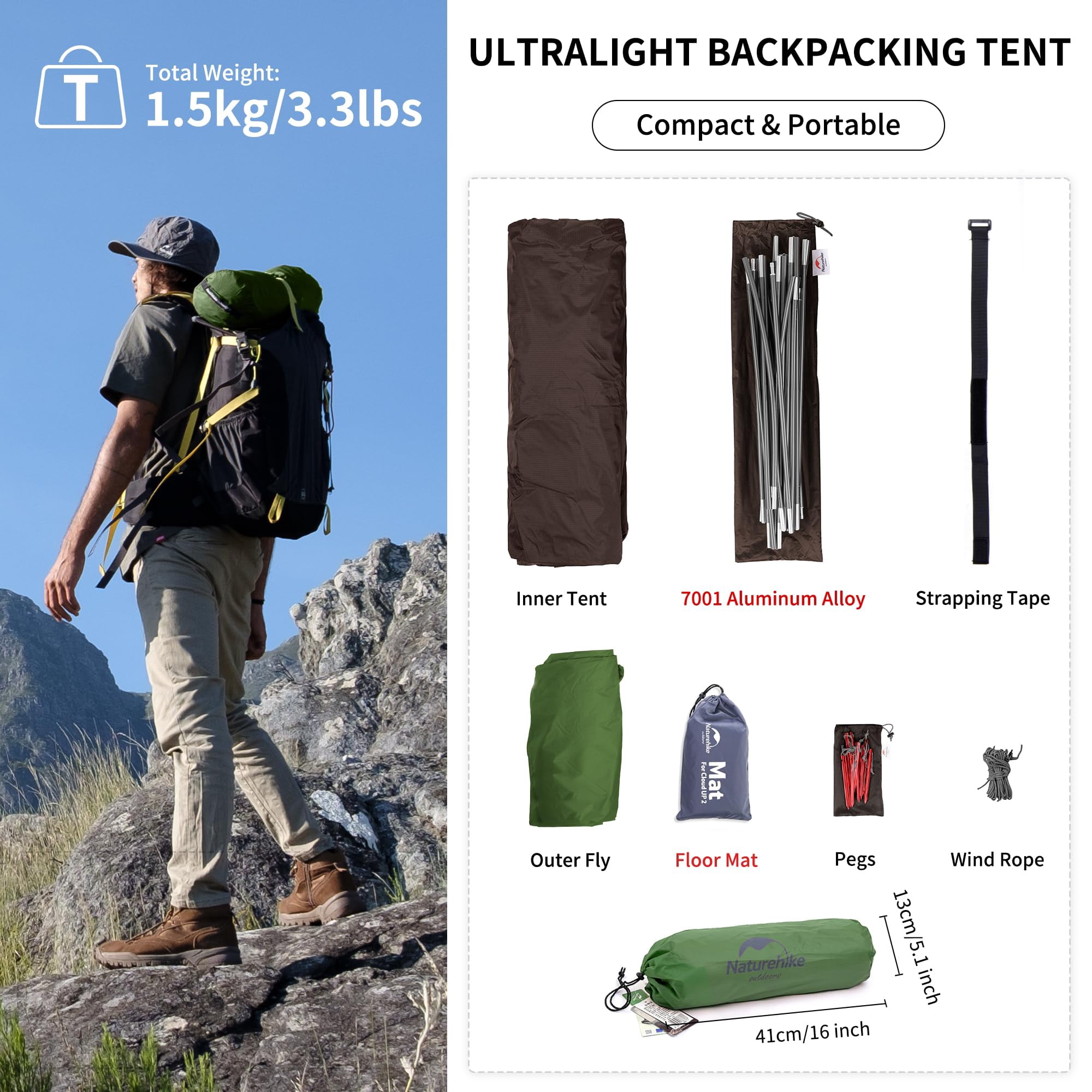 Naturehike Cloud-Up 1/2/3 Person Backpacking Tent Lightweight Waterproof