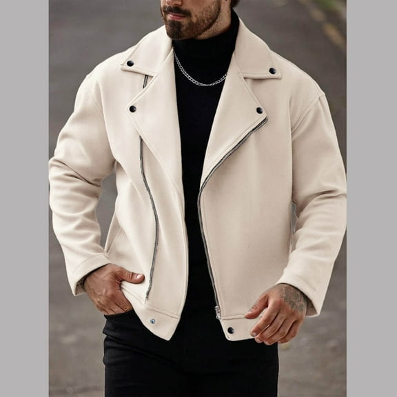 Woolen Jackets for Men with Pockets Long Sleeve Zip Up Collared Coats Mens Trendy Solid Color Thermal Warm No Hood Going-Out Peacoats