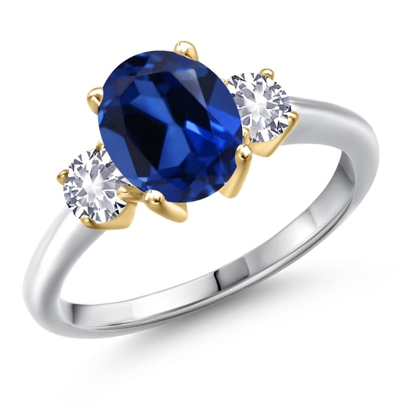 Gem Stone King 10K Two Tone Gold Blue Created Sapphire and White Created Sapphire Engagement Ring for Women | 2.80 Cttw | Oval 9X7MM | Gemstone September Birthstone | Size 9