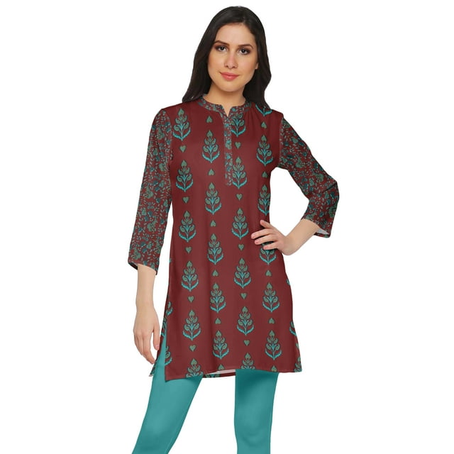 Moomaya Kurtis Courtes à Col Montant en Poly-Crêpe pour Femmes, Haut de Robe Imprimé