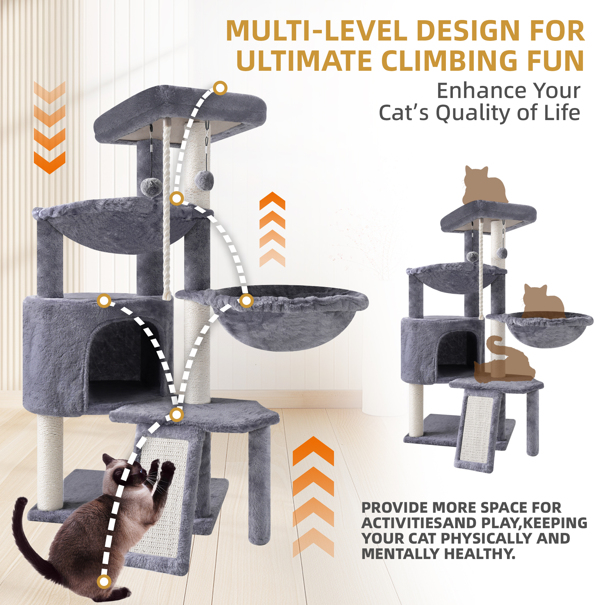 AIWIKIDE 37.4" Cat Tree with Condo and Two Hammocks, Grey photo 6