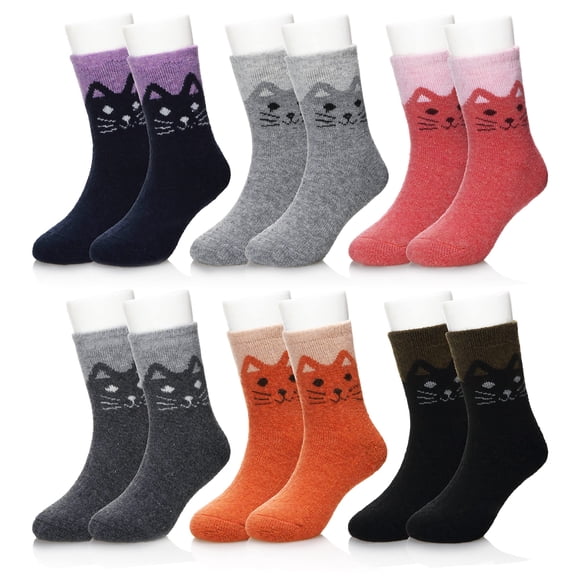 Eocom 6 Paires de Chaussettes d'Hiver Chaudes en Laine pour Enfants Garçons Filles Thermiques Épaisses (4-7 Ans, Chat)