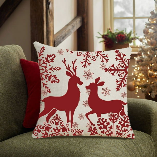 Fundas de Cojín Navideñas de 45X45 Cm con Estampado de Copos de Nieve y Ciervos En Rojo y Blanco. Fundas Decorativas para Cojines Decorativos Del Hogar, Sofá, Cama o Coche.