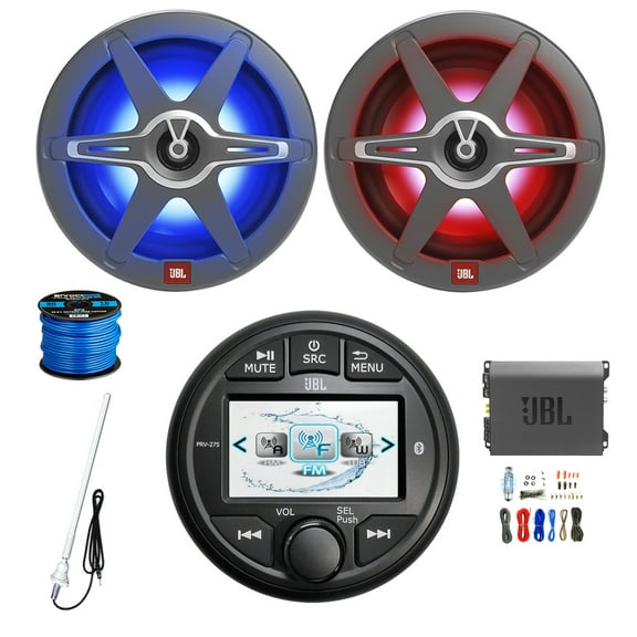 JBL PRV275 Gauge Style AM/FM/WeatherBand Radio Bluetooth Receiver, 2x 8" 450 Watt 2-Way Multicolor LED Outdoor Audio Speakers, Amplifier w/Install Kit, Radio Antenna, Wire
