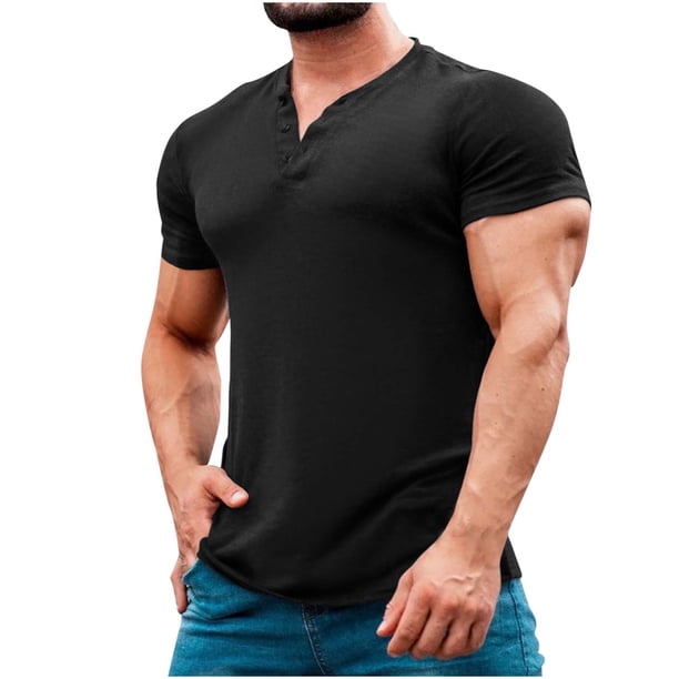 Blusa de Manga Corta de los Hombres de Color Sólido Cuello Redondo Casual Top, Ligera Camisa de Ocio Botón de Poliéster para Primavera Verano Diario Y Al Aire Libre