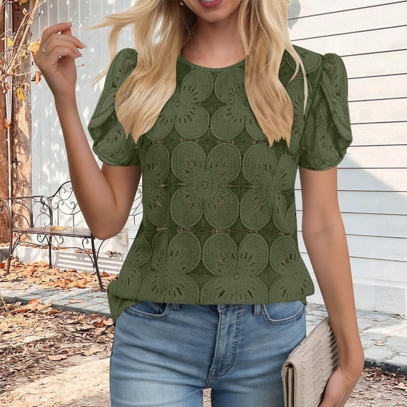 LWITHSZG Blouses for Women Dressy Casual Petal Short Sleeve Shirts Eyelet Lace Boho Tops Beach Vacation Clothes Summer Outfits S-XXL