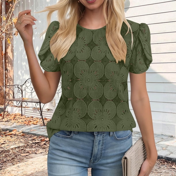 Craaazy Women's Relaxed Fit Crew Neck Blouse, Solid Color Short Sleeve Lace Eyelet Top, Loose Comfy Floral Lace Casual Tee for Summer Gifts