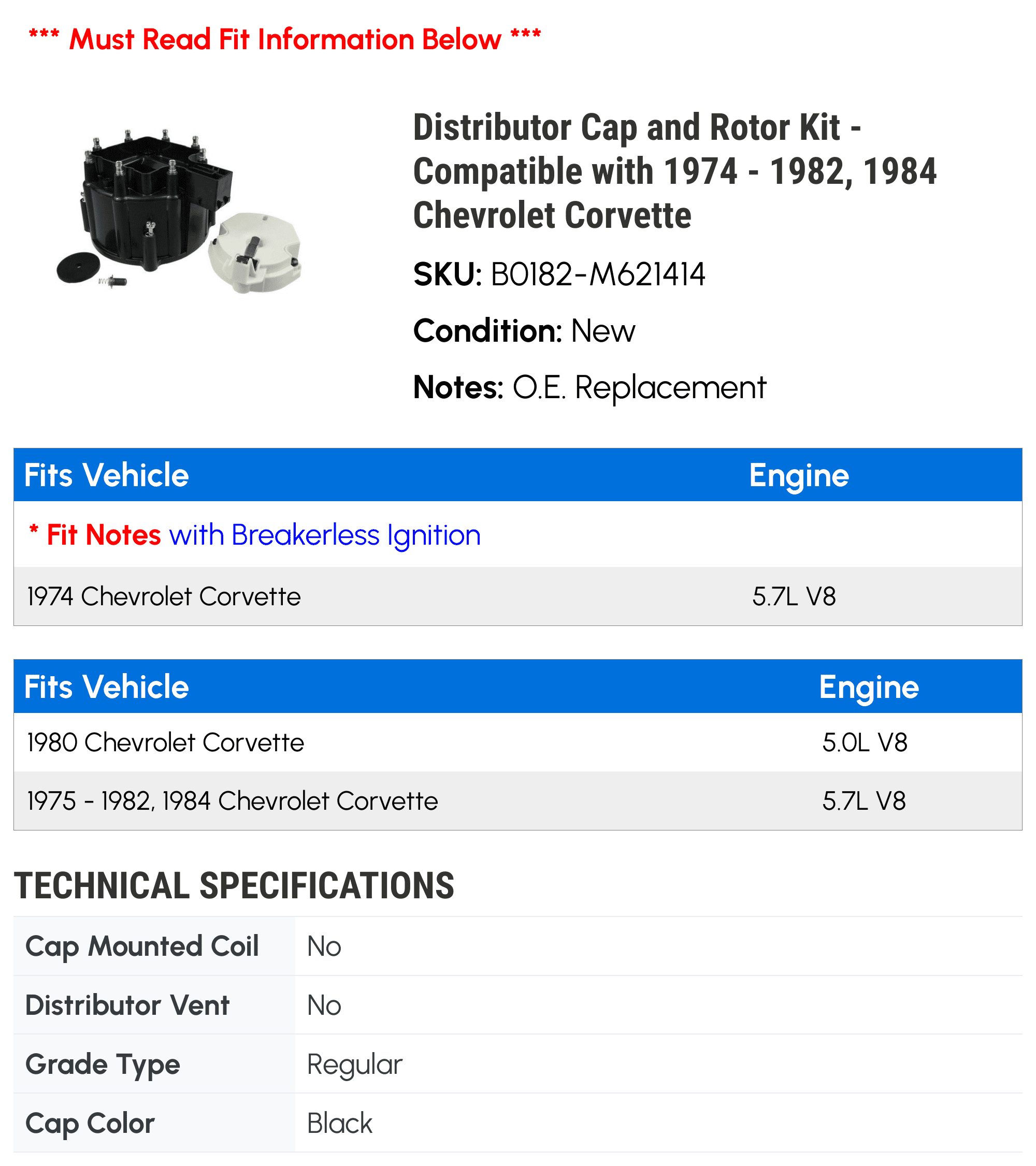 Distributor Cap and Rotor Kit - Compatible with 1974 - 1982, 1984 Chevy Corvette 1975 1976 1977 1978 1979 1980 1981