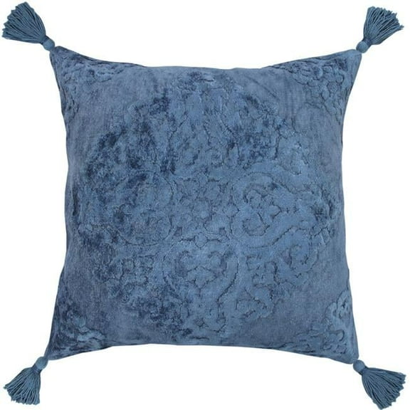 20 x 20 in. Damask Cotton Blend Zippered Pillow with Tassels, Blue