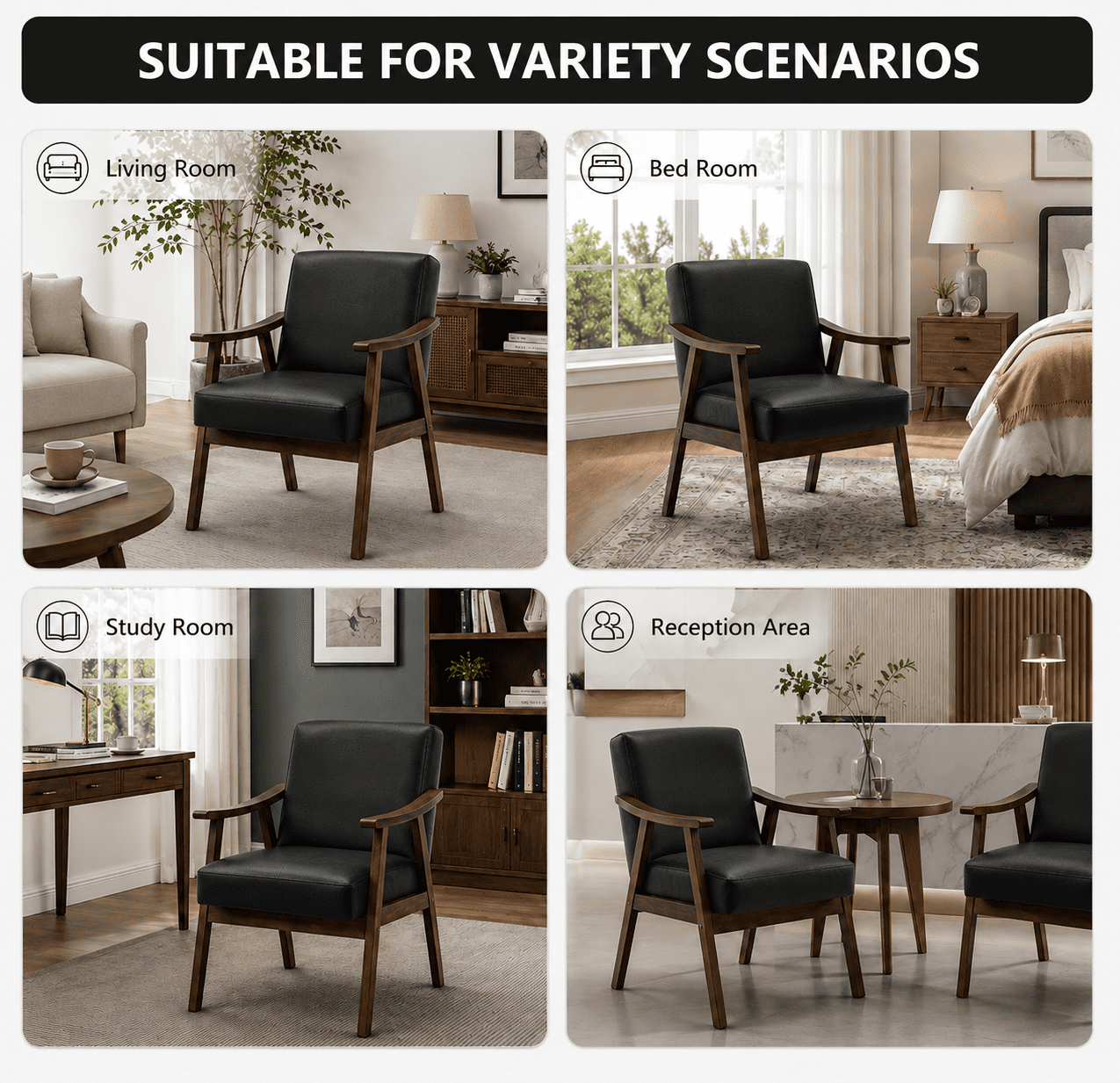 MOONMISS Mid Century Modern Accent Chair Solid Wood Frame Microfiber Living Room,Black PU