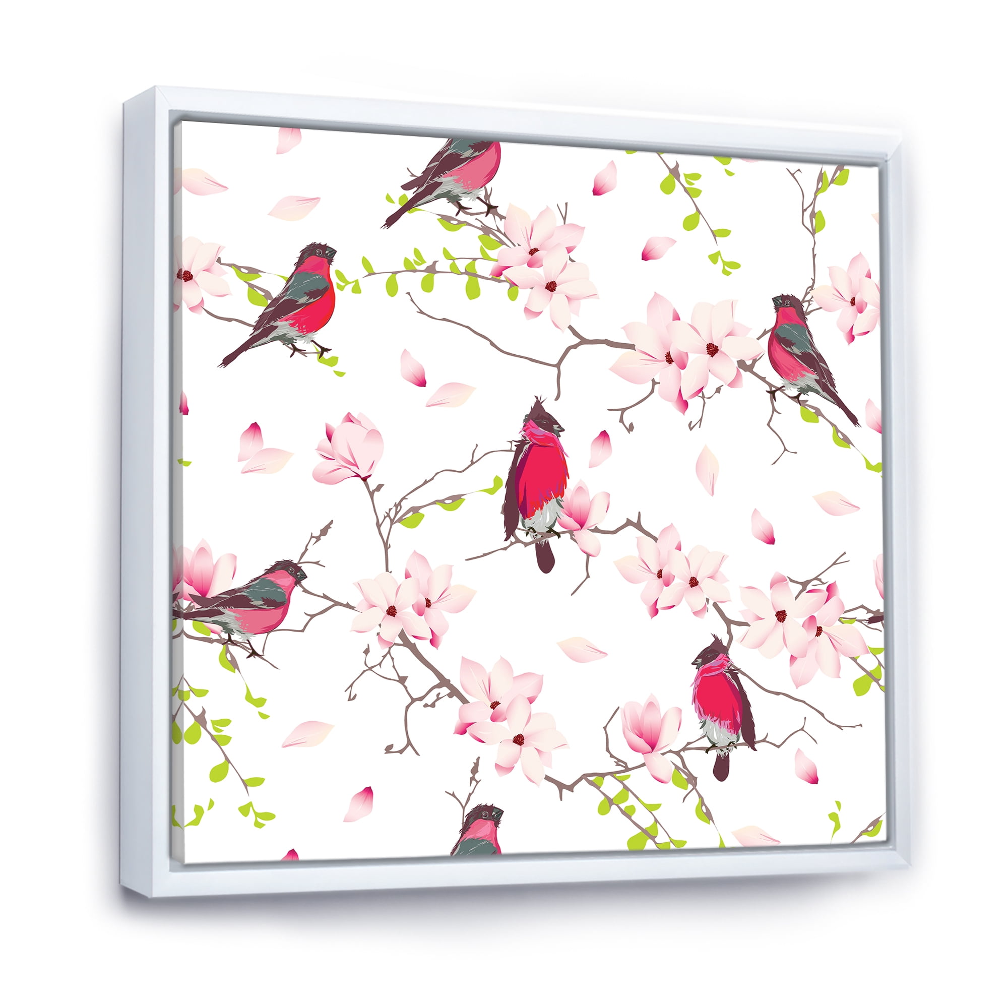 Designart 'Red Bullfinches Sitting On Magnolia Tree' Traditional Framed Canvas Wall Art Print