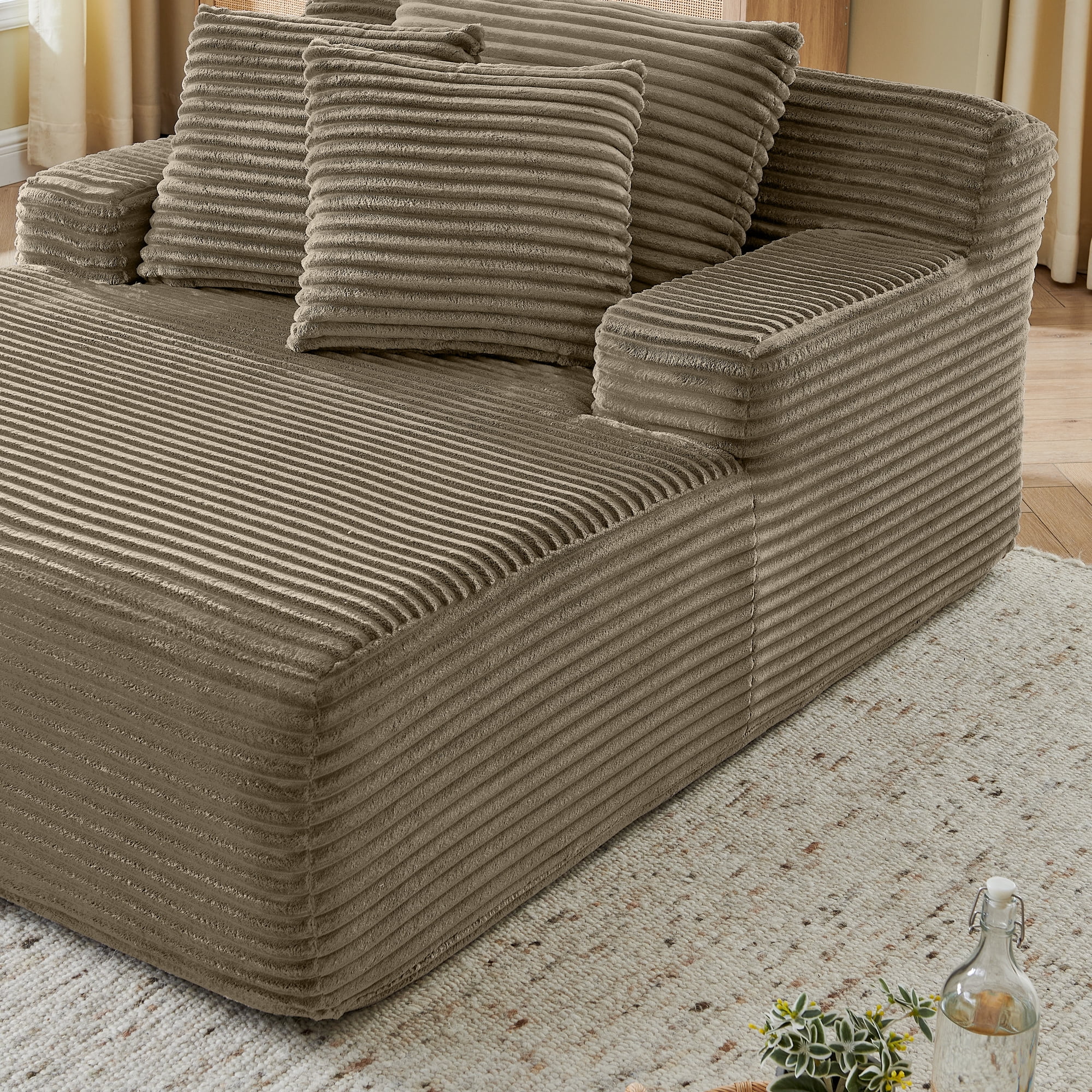 Leumius Chaise Lounge Chair Indoor,Oversized Corduroy Upholstered Boneless Sofa Bed, Modern Deep Seat Sofa with Back Cushion, Pillows, Cozy Sleeper Couch for Living Room, No Assembly Required,Brown
