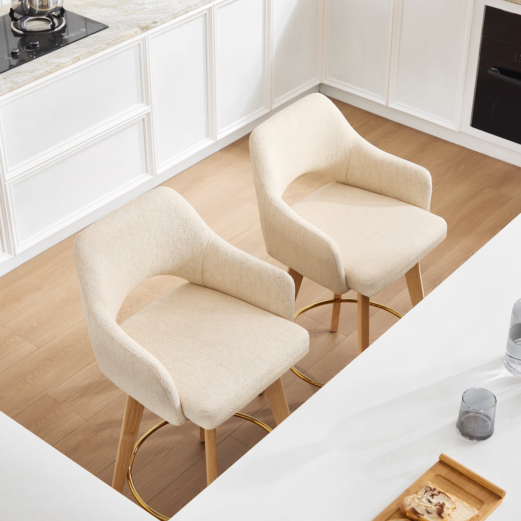 Zesthouse 26.8″ Swivel Counter Height Bar Stools Set of 2, Upholstered Linen Bar Stools with Back and Wood Legs, Mid Century Modern Barstool Island Chairs for Kitchen Counter, Beige