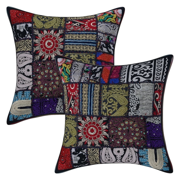 Stylo Culture Ethnic Cotton Living Room Throw Pillow Covers Black 16x16 Bohemian Vintage Patchwork Ethnic Sofa Cushion Covers 40 x 40 cm Decorative Floral Square Pillow Cases | Set Of 2