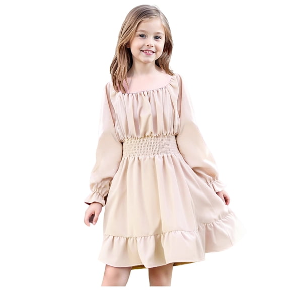 vigerkar Girls Dresses Kids Fall Long Sleeve Smocked Ruffle Tiered Off Shoulder Dress (Khaki, 9-10 Years)
