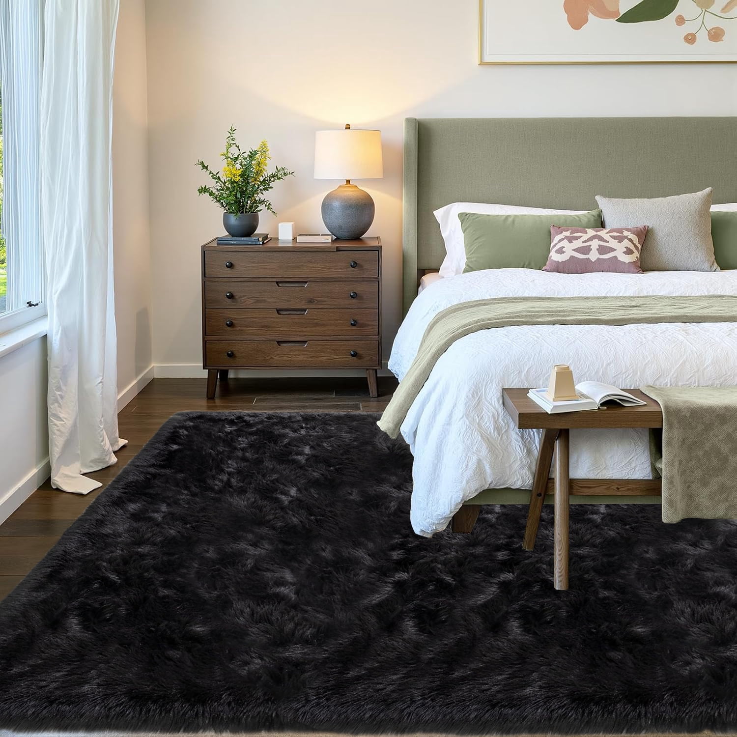Jingle bears 8x10 Area Rug Black Fuzzy Washable Faux Sheepskin Fur Rug Large Rug for Living Room Bedroom Rectangle