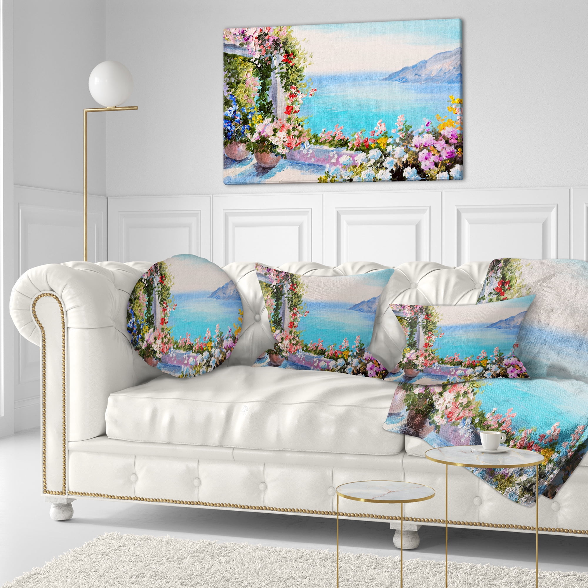 Designart Sea and Flowers - Landscape Printed Throw Pillow - 12x20