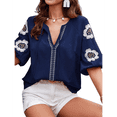 thumbnail image 2 of Blusas de Verano para Mujer, Blusas Florales Bordadas con Mangas Abullonadas, Cuello en V, Estilo Bohemio, Informal Azul Marino XL, 2 of 7
