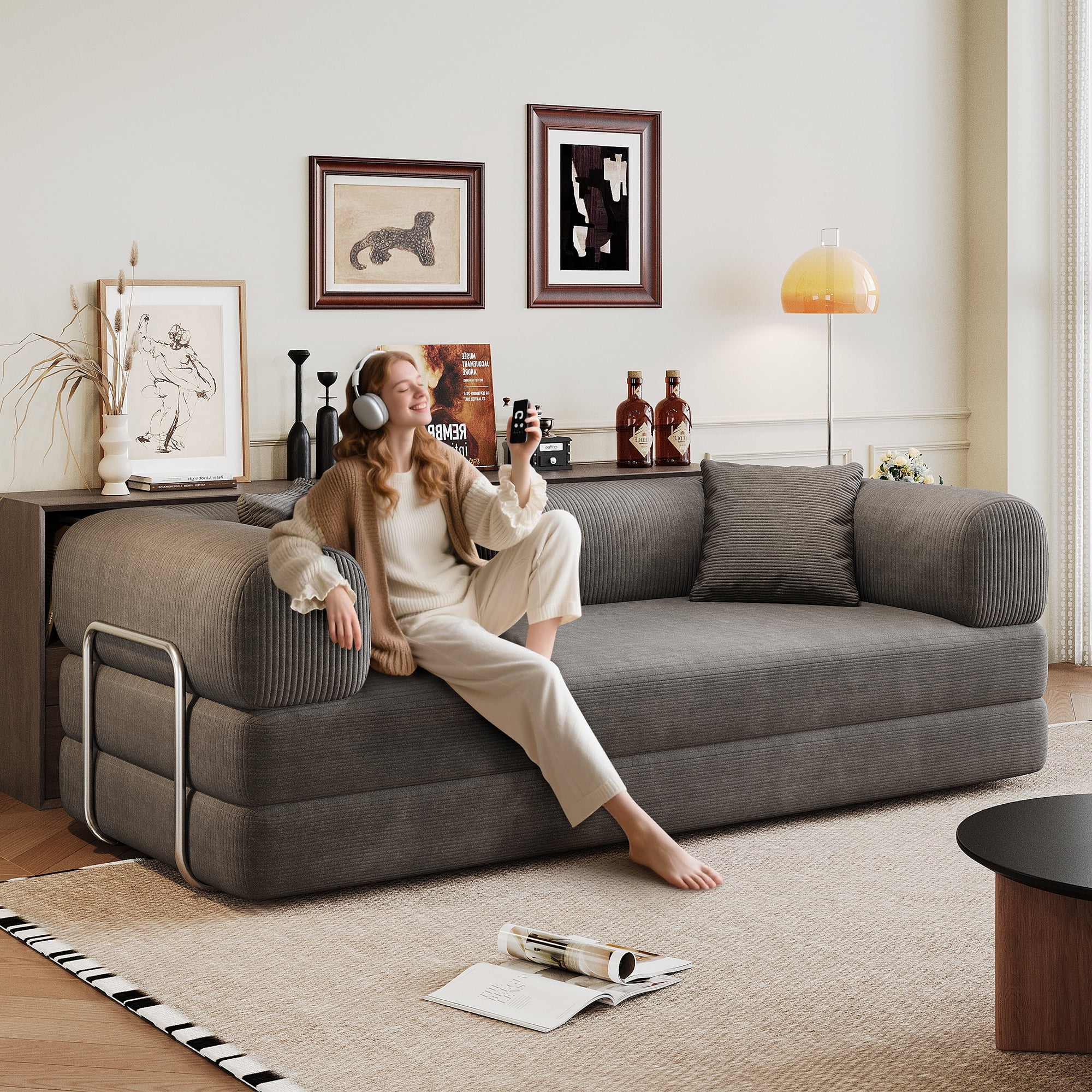 78.8 Inch Compression Sofa Convertible Floor Sofa Bed with Pillow Back Support Grey Corduroy Boneless Modular Sectional for Living Room Bedroom