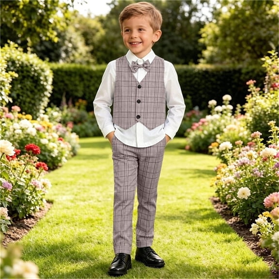 Samdudou Boys 2 Piece Dressy Suits Long Sleeve Dress Shirt Plaid Vest Waistcoat Checkered Trousers Bow Tie Formal Outfit Gentleman Dress Set for Banquet