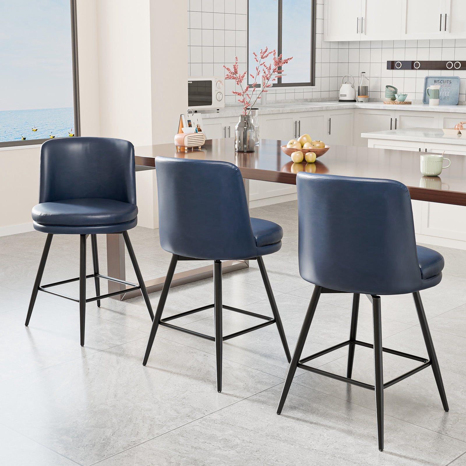 Zimtown Modern Barstools Set of 2, 26" Counter Height Swivel Bar Stools Set with Cushion for Kitchen Island, Dining Room, Bar Chairs, Dark Blue
