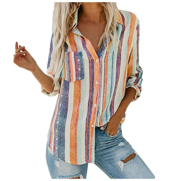 DVKOVI Summer Shirts for Women Light Long Sleeve Tops for Women Womens Lightweight Button Down Shirt Womens V Neck Striped Roll Up Sleeve Button Down Blouses Top Orange M