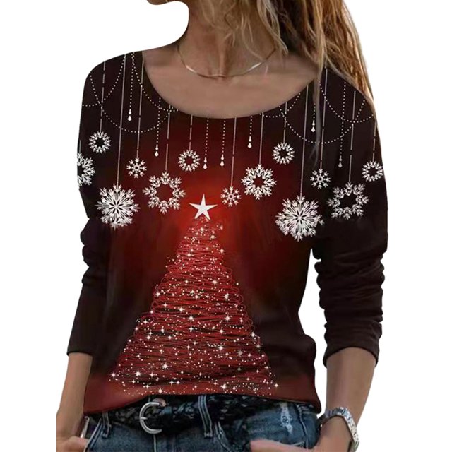 Bellella Tee-Shirt Femme Imprimé Flocon de Neige Manches Longues T-shirt de Noël Mode Col Rond Tunique Blouse Rouge m