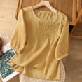 thumbnail image 2 of MIXUE Womens Summer Tops Solid Color Embroidery Round Neck Long Sleeve Retro Loose Tshirts Streetwear,Yellow,M, 2 of 9