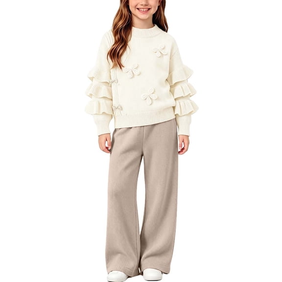 OGLCCG Girls 2 Piece Outfit Winter Long Sleeve Knitted Sweaters and Wide Leg Pants Kids Girl Clothing Sets,Size 1-8