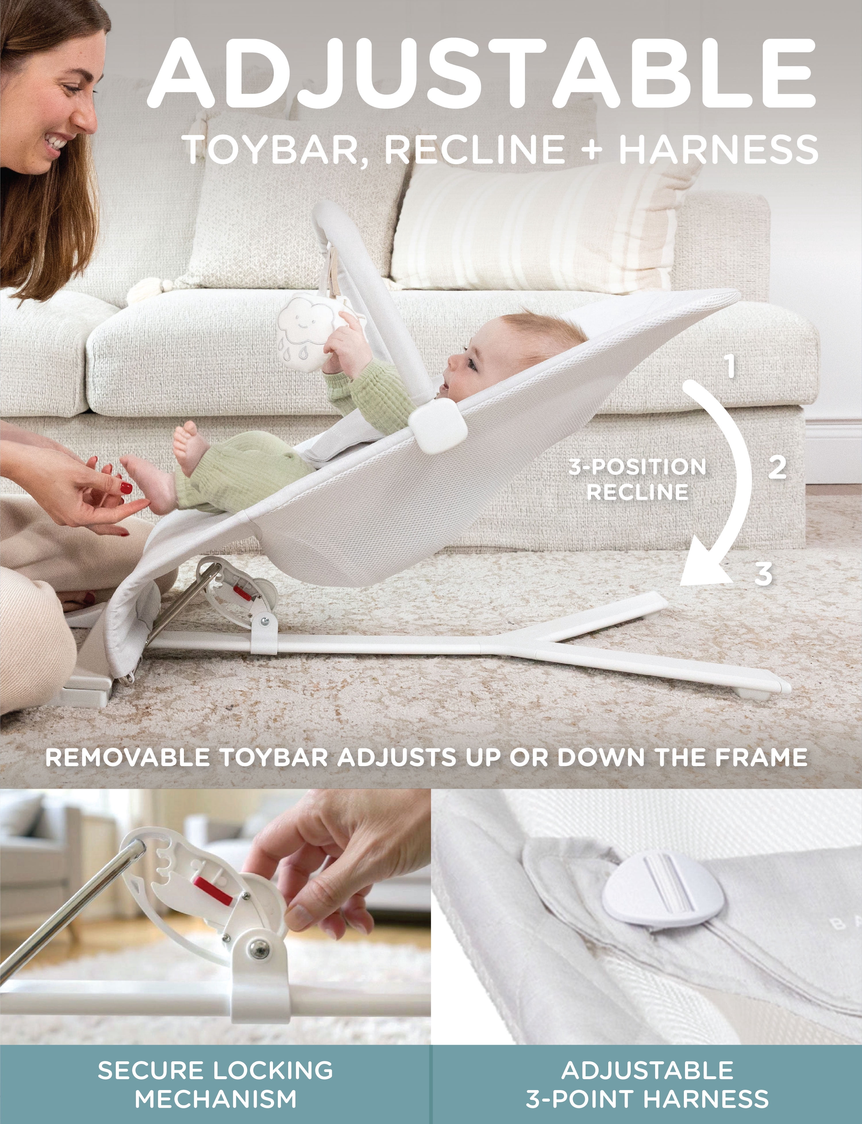 Baby Delight Alpine Deluxe Portable Bouncer, for Infants 0-6 Months, Driftwood Grey