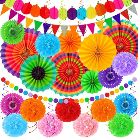35 PCS Cinco de Mayo Decorations, Fiesta Party Decorations, Cinco de Mayo Banner Paper Fans Tissue Pompom Hanging Swirls Garland String for Fiesta Mexican Party Decorations Favors Supplies Decor