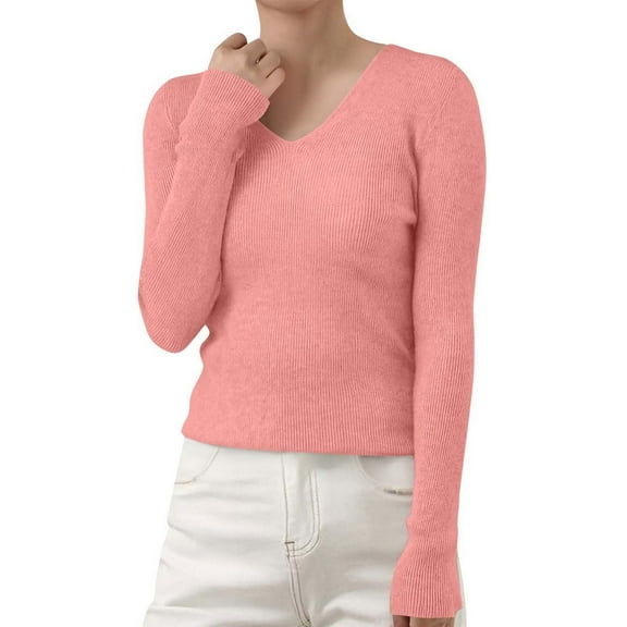 ManxiVoo Women's V-Neck Ribbed Knit Sweater Slim Fit Winter Soft Stretch Comfortable Versatile Layering Top L Size Pink