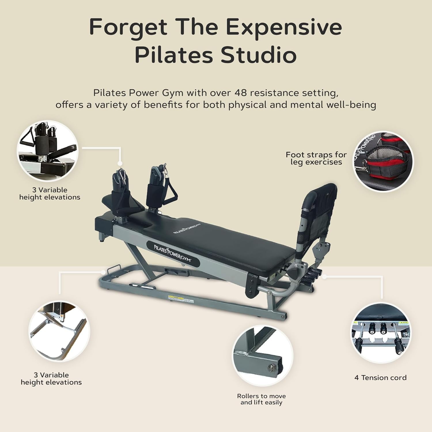 Pilates Power Gym Reformer Machine with Push-Up Bar, Home Workout & Strength Training Equipment