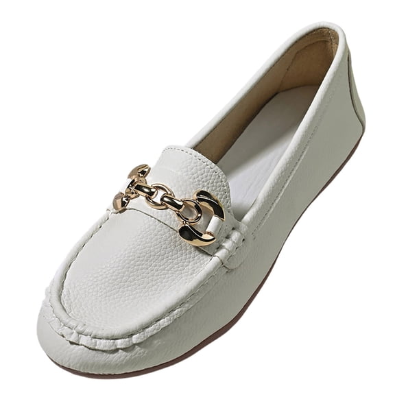 Womens Slip On Loafers with Gold Chain, Faux Faux Leather Flat Casual Shoes, Comfort Moccasin Style Loafers for Women in White,Size 6.5