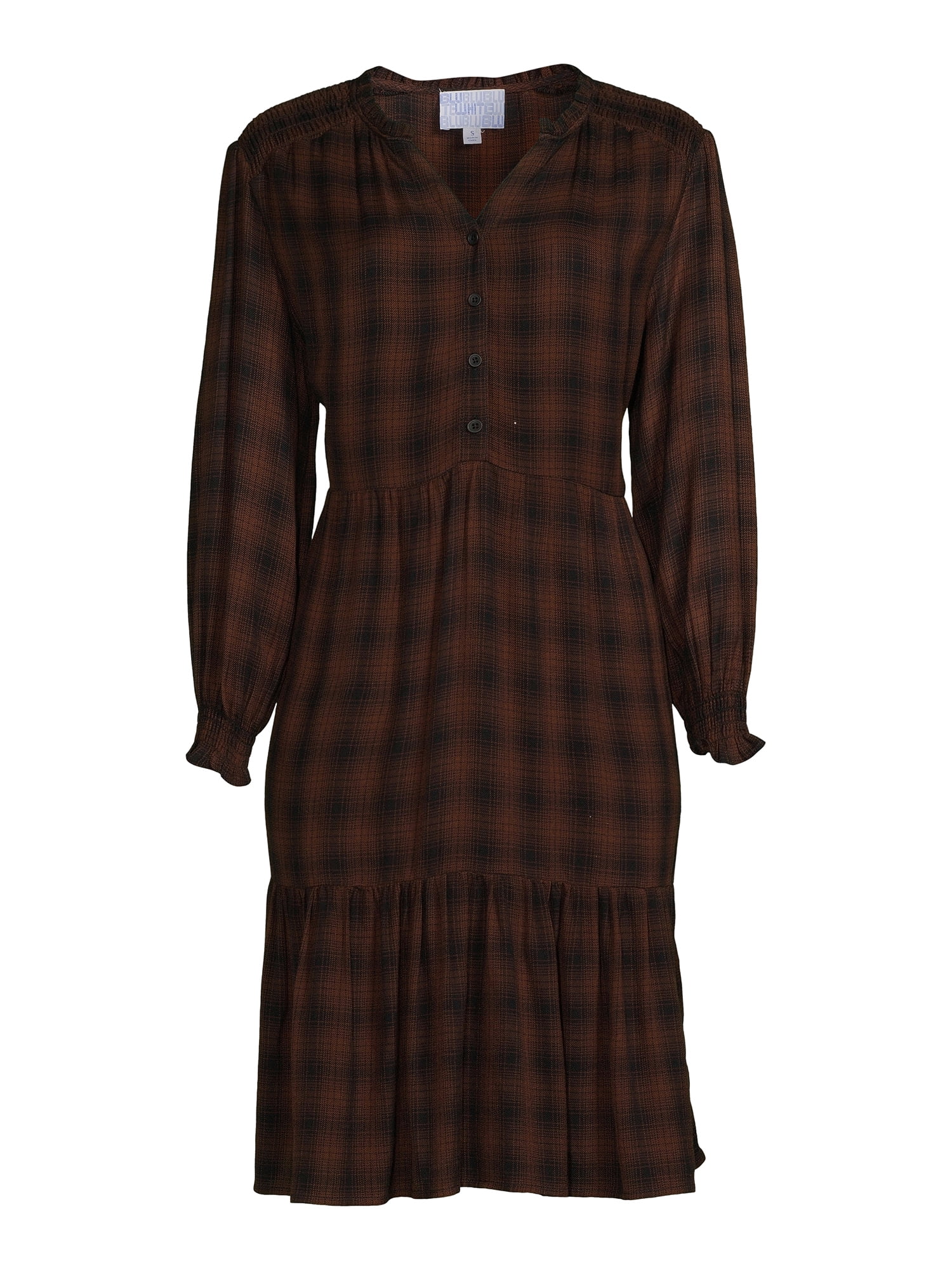 Blu White Blu Women's Smocked Shoulder Plaid Dress